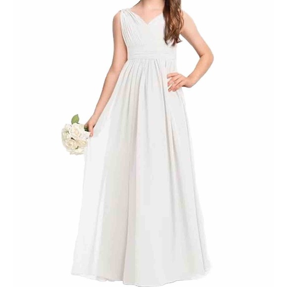 A-Line Pleated Chiffon Floor-Length Junior Girls Dress‎ white- J Size 10. Easter - Picture 1 of 16